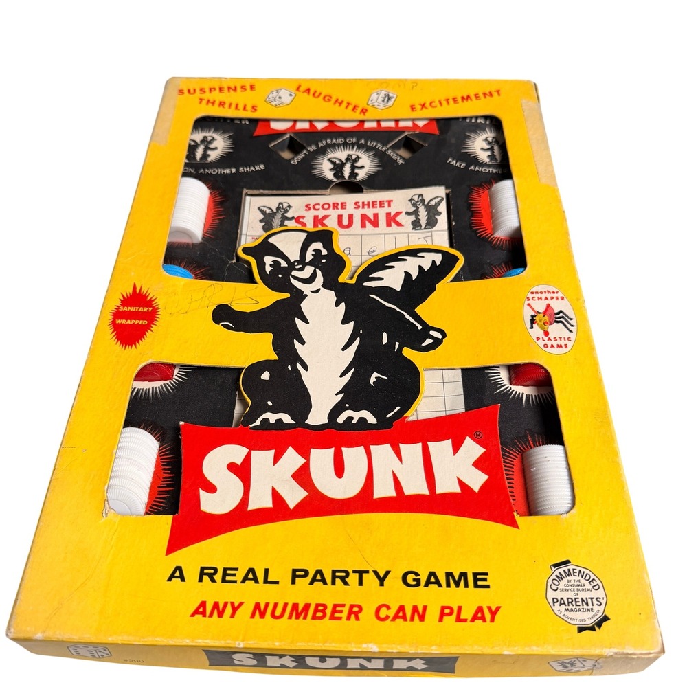 Vintage Schaper Skunk Board Game Yellow 1953 Dice Party Game Retro Classic Rare